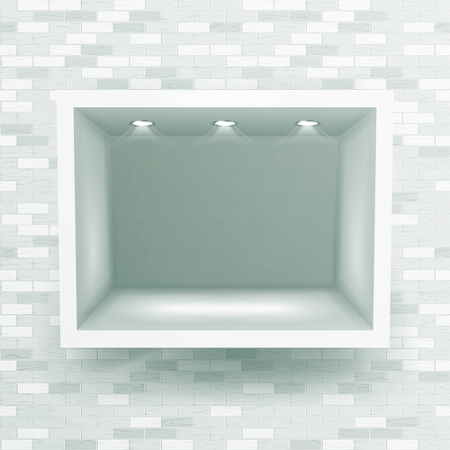 Empty Niche Vector. Realistic Brick Wall. Clean Shelf, Niche, Wall Showcase. Good For Presentations, Display Your Product. Illuminated Light Lamp