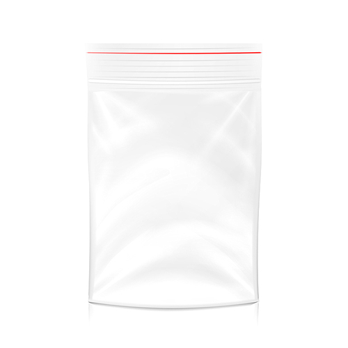 Plastic Polyethylene Pocket Bag Vector Blank. Realistic Mock Up Template Of Plastic Pocket Bag With Zipper, Zip lock. Clean Hang Slot, Pouch Packaging. Isolated