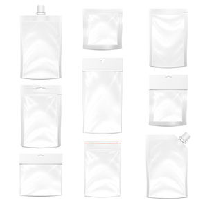Plastic Polyethylene Pocket Bag Set Vector Blank. Realistic Mock Up Template Of Plastic Pocket Bag With Zipper, Zip lock. Clean Hang Slot, Pouch Packaging. Isolated Illustration