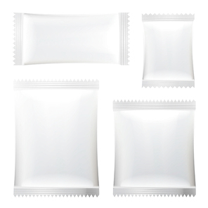 Sachet Vector Set. White Clean Blank Of Stick Sachet Packaging. Package Mock-up Plastic Pouch Snack Pack For Your Design. Disposable Packaging For Snacks, Food, Sugar. Isolated Illustration