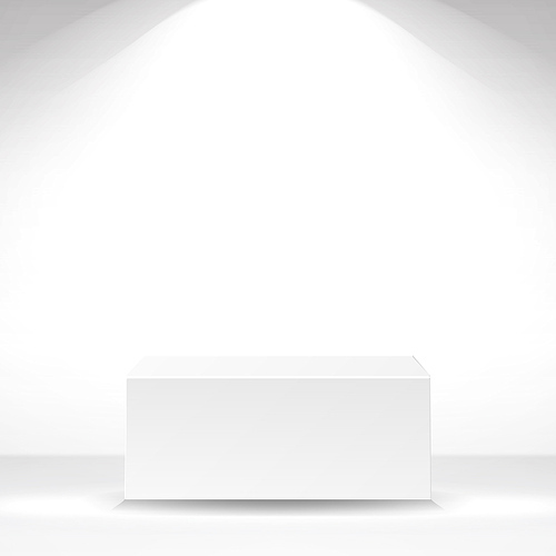 White Square Podium, Stand, Pedestal Or Platform. Empty White Interior Background.