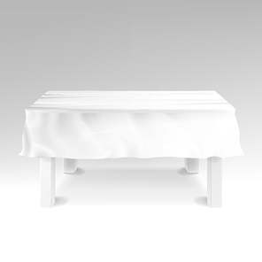 White Table With Tablecloth Vector. Empty 3D Rectangular Table Isolated. Illustration
