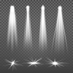 White Beam Lights Spotlights Vector. Glowing Light Effects Isolated On Transparent Background.