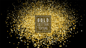 Gold Glitter Texture On A Black Background. Holiday Background. Golden Explosion Of Confetti.