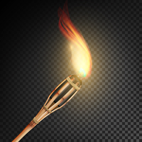 Burning Beach Bamboo Torch With Flame. Realistic Fire. Realistic Fire Torch Isolated On Transparent Background. Vector