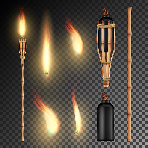 Burning Beach Bamboo Torch With Flame. Realistic Fire. Realistic Fire Torch Isolated On Transparent Background. Vector