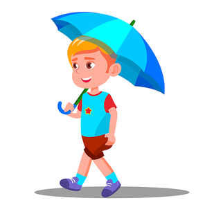 Little Boy Walks With An Open Blue Umbrella In His Hand Vector. Illustration