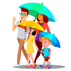 Smiling Family On A Walk Under Umbrellas In The Rain Vector. Illustration