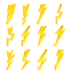 3D Lightning Icons Vector Set. Cartoon Yellow Lightning Isolated Illustration. lightning Symbol. Electrical Sign.