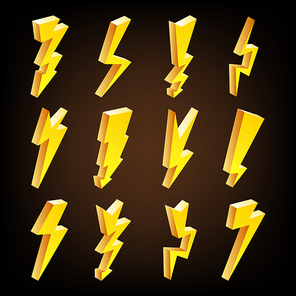 3D Lightning Icons Vector Set. Cartoon Yellow Lightning Isolated Illustration. Danger, Energy Icon. Lightning Bolt.
