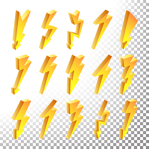 Lightning Sign Vector Set. Cartoon Golden 3D Lightning Isolated Illustration. Flash Of lightning. Thunder Bolt Symbols.