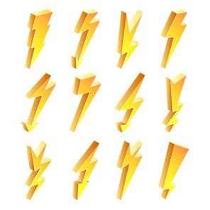 3D Lightning Icons Vector Set. Cartoon Yellow Lightning Isolated Illustration. Flash Pictograms. Lightning Bolt Icons