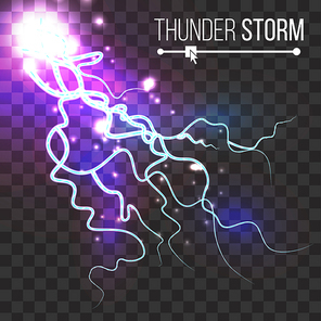 Thunder Storm Vector. Lightning Thunderbolt Isolated On Transparent Background. Electricity Effect Illustration