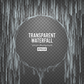 Transparent Waterfall Vector. Abstract Falling Water Texture. Nature Or Artificial Blue Water Drops Wall. Checkered Background. Illustration Blank Good For Banner, Brochure