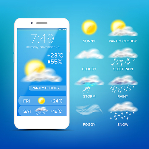 Weather Forecast App Vector. Realistic Smartphone. Weather App With Icons. Weather Icons Set. Blue Background. Mobile Weather Application Screen. Design Element Illustration
