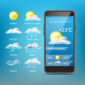 Weather Forecast App Vector. Blue Background. Application Of Science And Technology. State Of The Atmosphere. Illustration