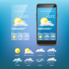 Weather Forecast App Vector. Good For Use In Mobile Phone App. Predict The State Of The Atmosphere For A Given Location. Illustration