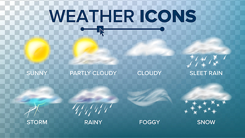 Weather Icons Set Vector. Sunny, Cloudy Storm, Rainy, Snow, Foggy. Good For Web, Mobile App. Isolated On Transparent Background
