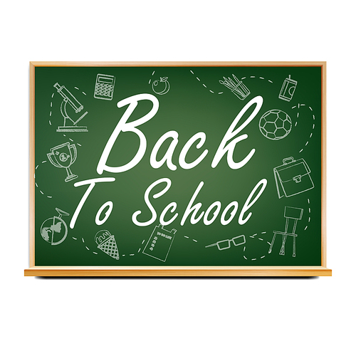 Back To School Banner Vector. Green. Classroom Chalkboard. Doodle Icons. Sale Flyer. Welcome. Retail Marketing Promotion. Realistic Illustration