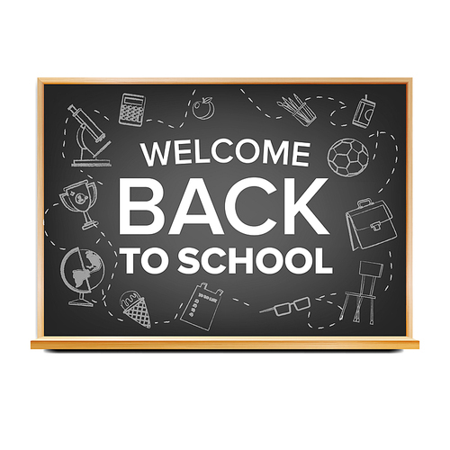 back to school banner design vector. classroom board. black. doodle icons. sale flyer. retail marketing promotion. realistic illustration