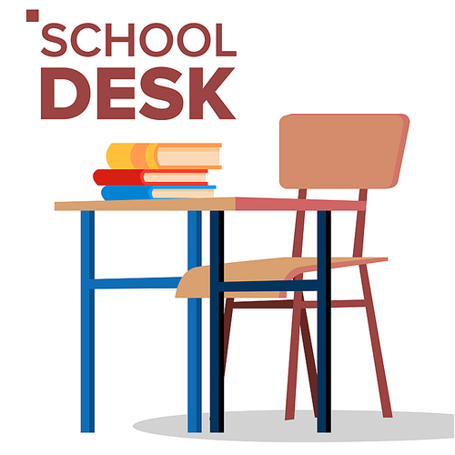 School Desk, Chair Vector. Classic Empty Wooden School Furniture. Isolated Cartoon Illustration