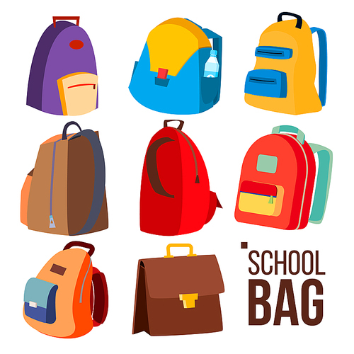 School Bag Set Vector. Different Types, View. Schoolchild, Kids Backpack Icon. Education Sign. Back To School. Isolated Cartoon Illustration