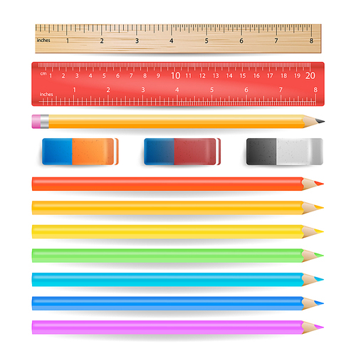 Colored Pencils, Eraser, Measuring Ruler Isolated Set Vector. Realistic School Tools Isolated On White