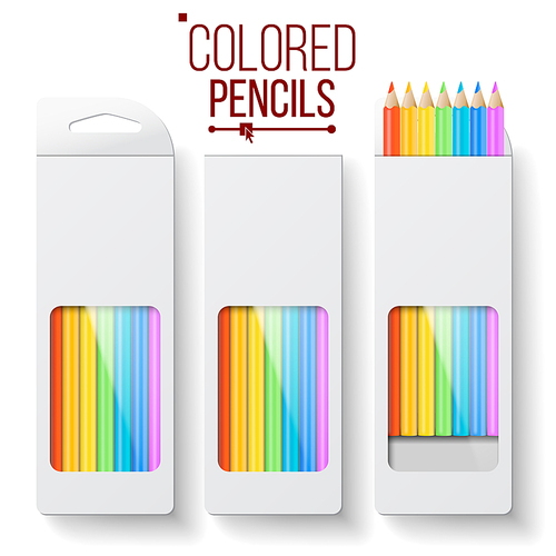 Colored Pencils Packaging Vector. Top View. Pencil Box Mock Up. Branding Design. Isolated Realistic Illustration