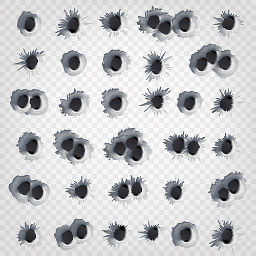 bullet holes in metal wall vector. realistic caliber weapon holes isolated on transparent . gunshot cracked bullets holes. effect damage illustration
