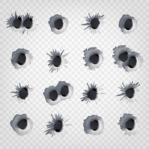 Bullet Holes Set Vector. Weapon Holes Isolated On Transparent Background. Illustration