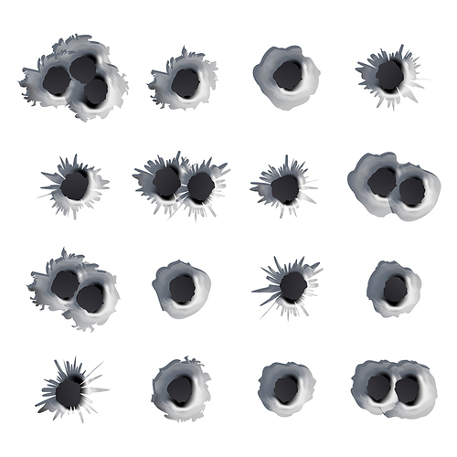 Bullet Holes Set Vector. Realistic Caliber Weapon Bullet Holes Punched Through Metal Isolated On White Background. Crime Concept. Effect Damage Illustration