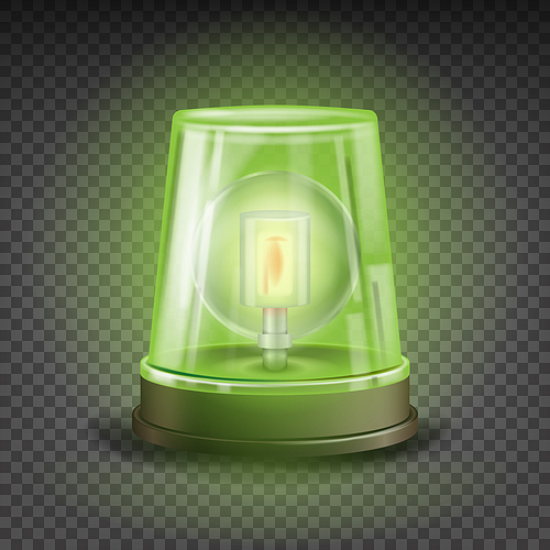 Green Flasher Siren Vector. Realistic Object. Light Effect. Rotation Beacon. Warning And Emergency Flashing Siren. Isolated On Transparent Background