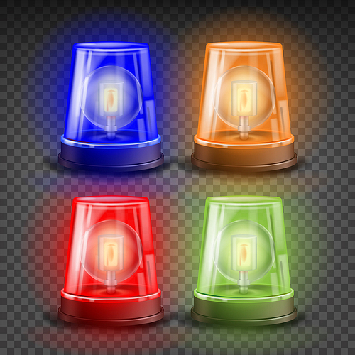 Realistic Flasher Siren Set Vector. Red, Orange, Green, Blue. 3D Realistic Object. Light Effect. Rotation Beacon. Emergency Flashing Siren. Isolated On Transparent Background