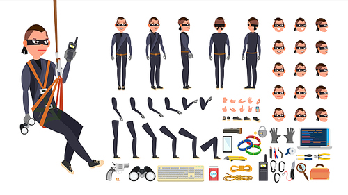 Thief, Hacker Vector. Animated Character Creation Set. Black Mask. Tools And Equipment. Full Length, Front, Side, Back View, Accessories, Poses Face Emotions Gestures Isolated Illustration
