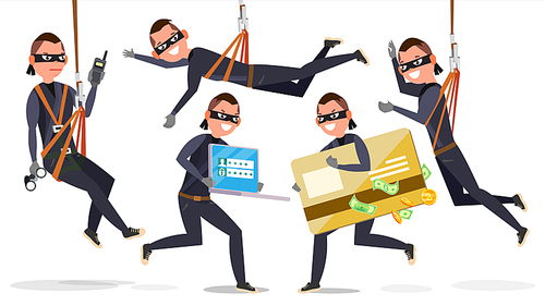 Thief, Hacker Set Vector. Stealing Credit Card Information, Personal Data, Money. Fishing Attack. Crack PIN Code. Isolated Flat Cartoon Character Illustration