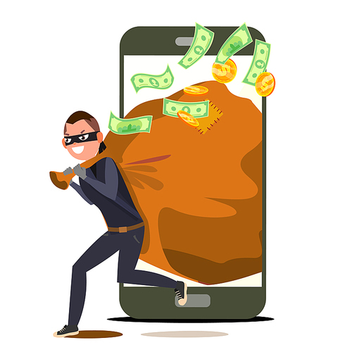 Thief And Smartphone Vector. Bandit With Bag. Insurance Concept. Burglar, Robber In Mask. Crack User Personal Information. Fishing Attack To Smartphone. Isolated Cartoon Illustration