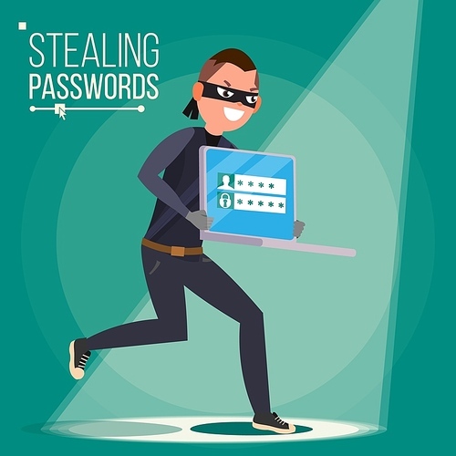 Thief Character Vector. Hacker Stealing Sensitive Data, Money From Laptop. Hacking PIN Code. Hacking Internet Social Network. Breaking, Attacking. Cartoon Illustration