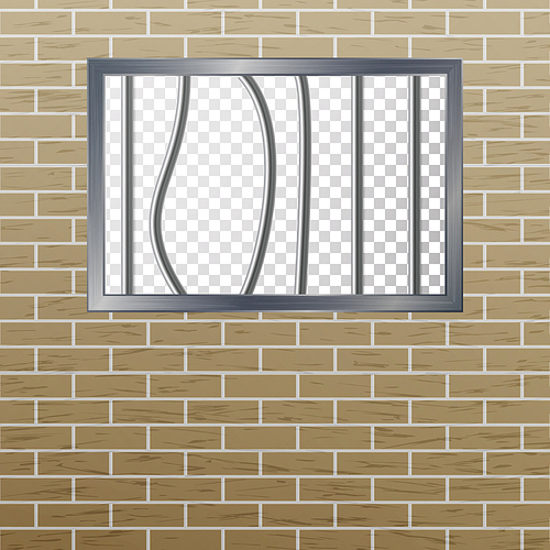 Window In Pokey With Bars. Brick Wall. Vector Jail Break Concept. Prison Grid Isolated.