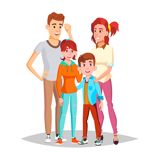 Family Portrait Vector. Dad, Mother, Kids. In Santa Hats. Cheerful. Greeting, Postcard Colorful Design Isolated Cartoon Illustration