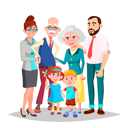 family vector. cheerful. mom, dad, children, grandparents together. banner flyer  design isolated cartoon illustration