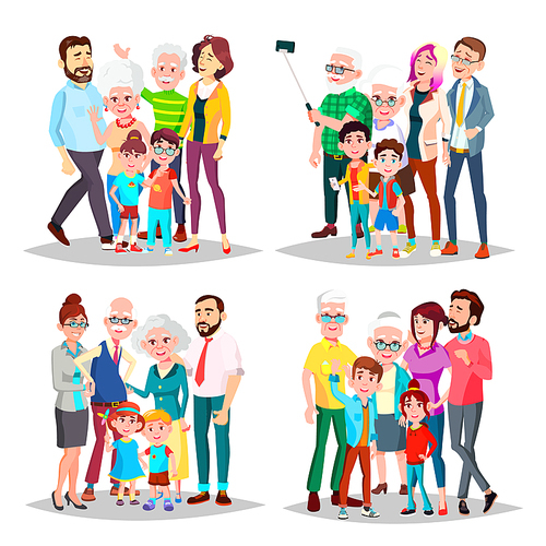 Family Set Vector. Big Full Happy Family Portrait. Father, Mother, Kid, Grandparents Cheerful Illustration