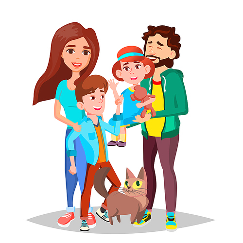 Family Portrait Vector. Parents, Children. Happy. Poster Advertising Template Isolated Cartoon Illustration