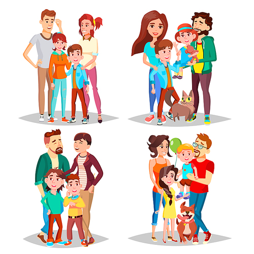 Family Portrait Set Vector. Parents, Children. In Santa Hats. Happy Family. Isolated Illustration