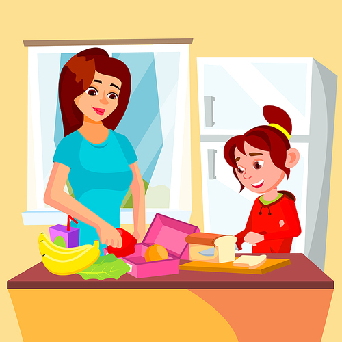Little Girl Helping Mother In The Kitchen Vector. Lunch Box. Illustration