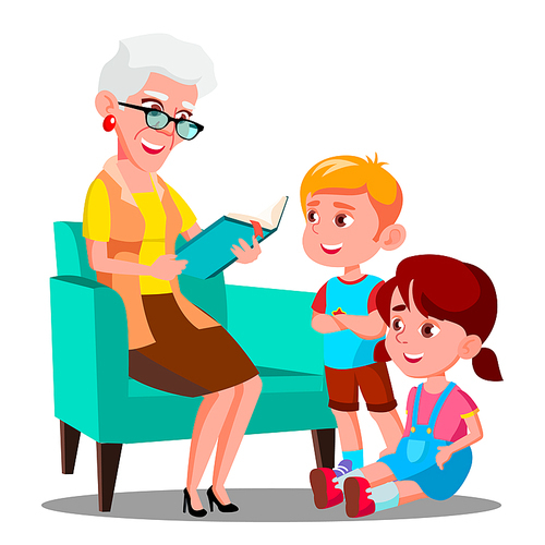 Grandmother Is Reading A Book To Her Grandchildren Vector. Illustration