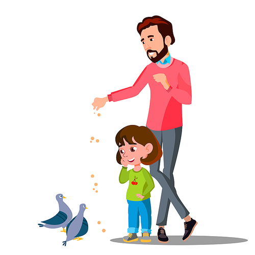 Father With Young Child Feeding Birds Vector. Illustration