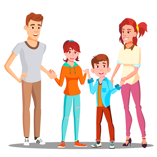 Happy Child Holding Hands With Parents Vector. Illustration