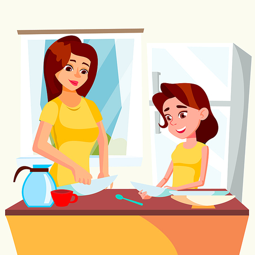 Little Girl Helping Mother Wash Dishes In Kitchen Vector. Illustration
