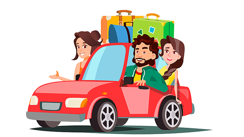 Family With Children Going In The Car On Vacation Vector. Illustration
