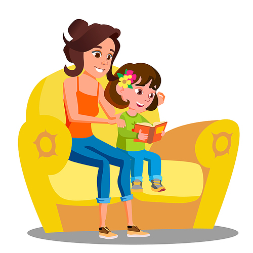 Little Girl And Mother Reads A Book On The Sofa Vector. Illustration